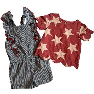 EUC girls blue Striped Ruffle Romper and scallop hem Star Print Top 4t
